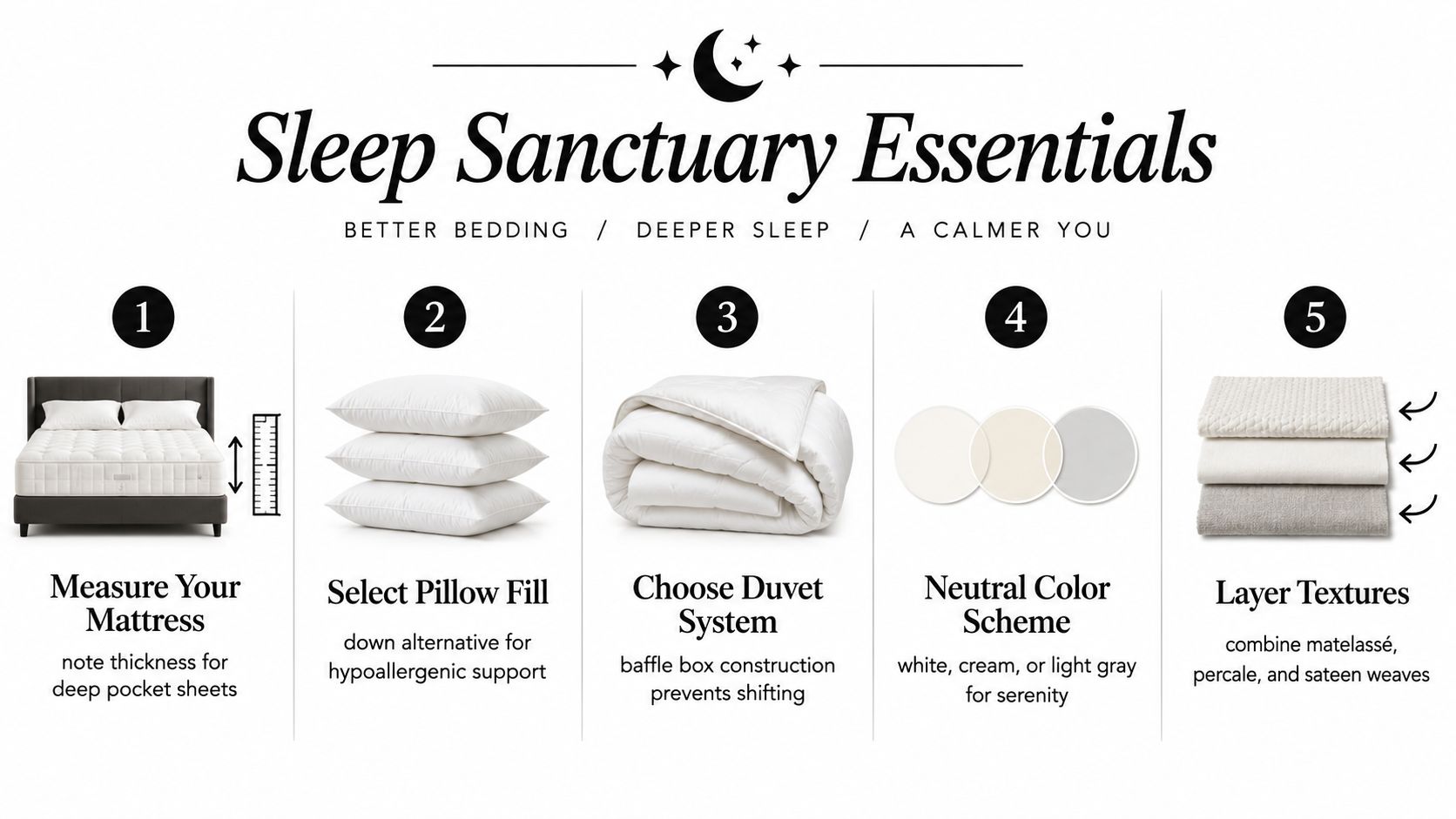 A five-step infographic showing how to create a luxury sleep sanctuary with bedding essentials.
