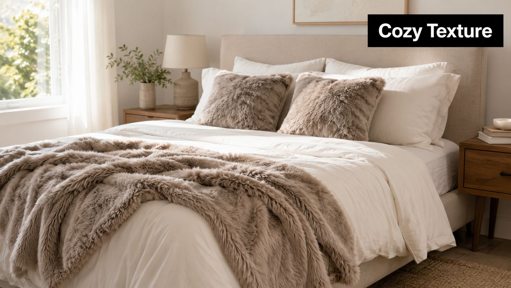 A cozy bedroom featuring a plush faux fur blanket and matching pillows on a comfortable bed.