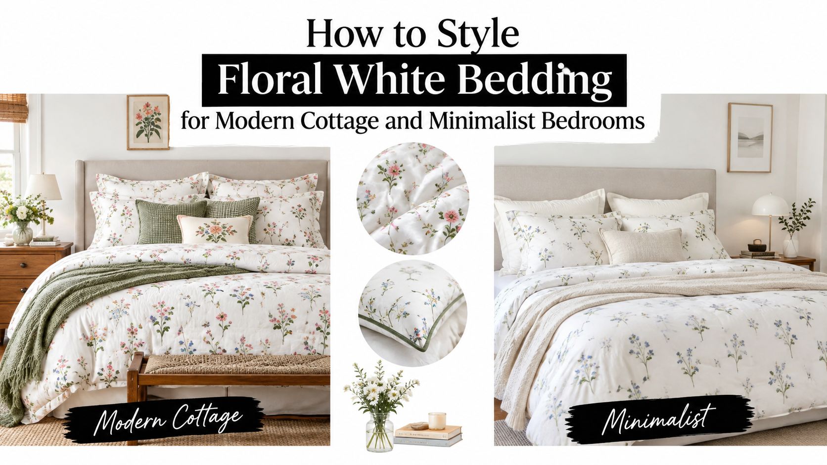 A split comparison image showing floral white bedding styled in modern cottage and minimalist bedroom interior designs.
