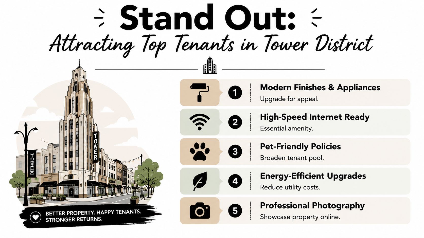 A professional infographic titled Stand Out: Attracting Top Tenants in Tower District, listing five key rental property improvements.
