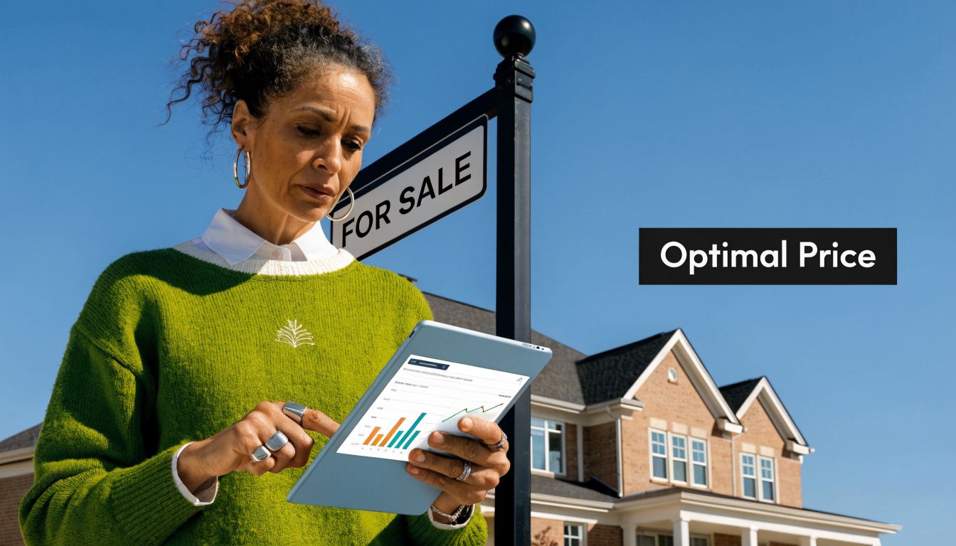 A woman looks at real estate data on a tablet while standing in front of a house.