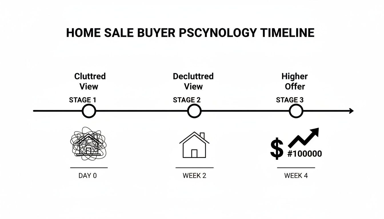 A home sale buyer psychology timeline showing stages from cluttered to decluttered views, leading to higher offers.
