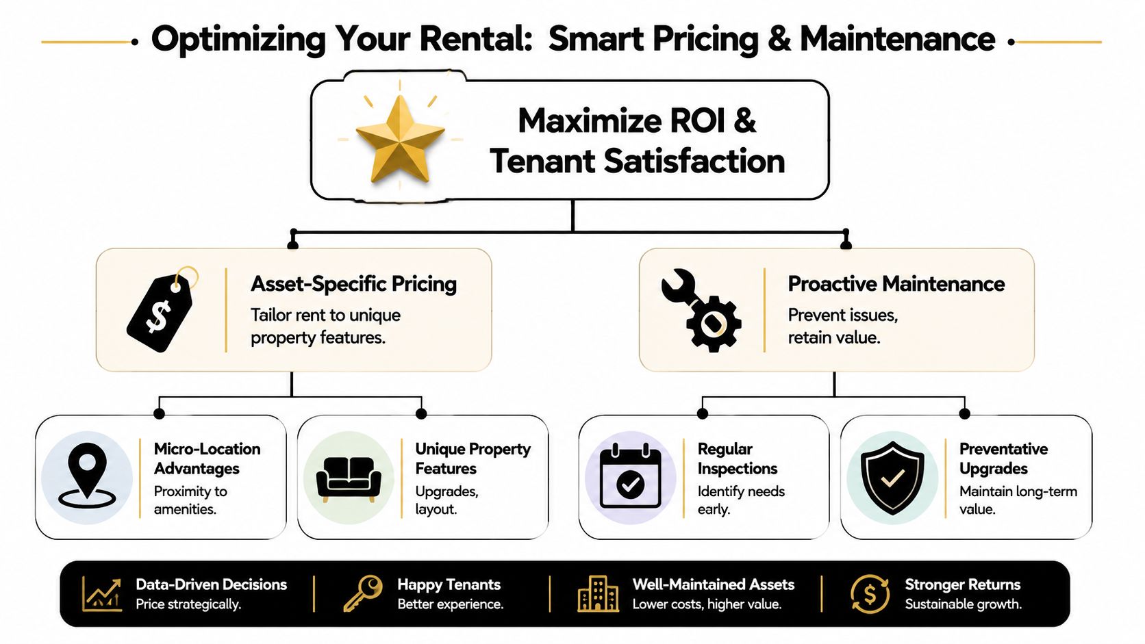 A flowchart outlining strategies for maximizing rental property ROI through smart pricing and proactive maintenance.