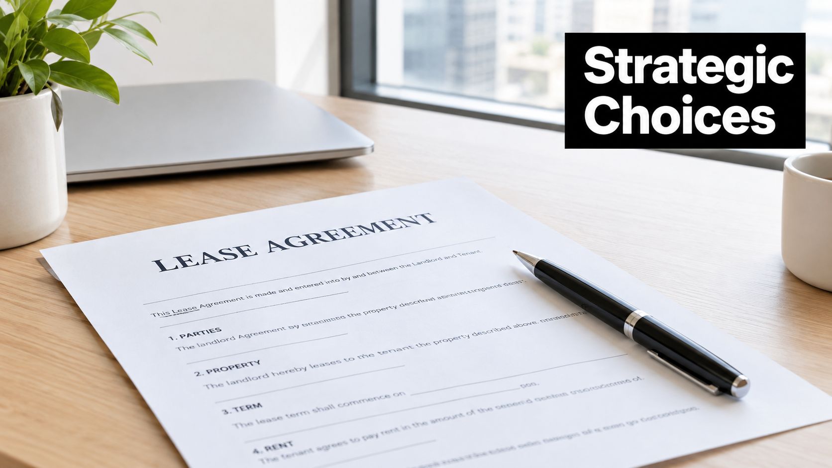 A close-up view of a lease agreement document with a pen, placed on a modern desk.