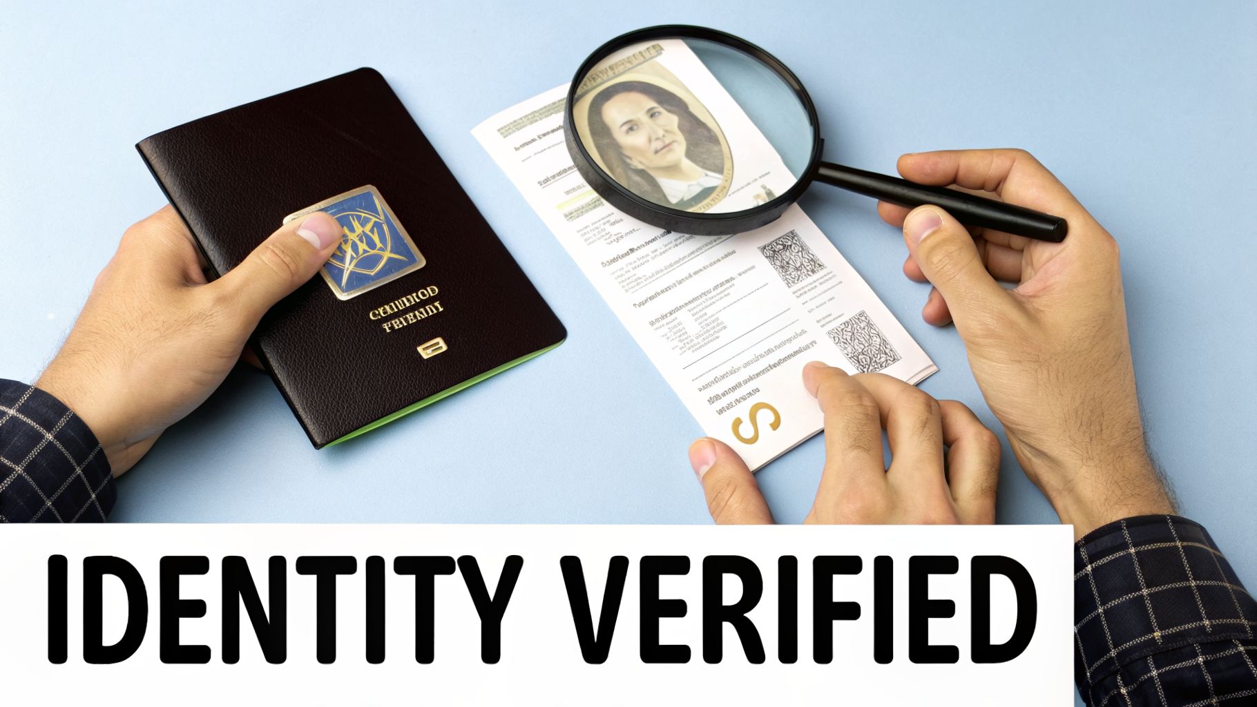 Hands verify identity using a magnifying glass on a document next to a passport, confirming verification.