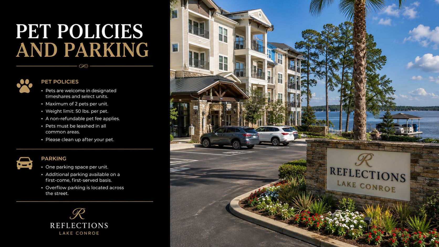 Informational sign for Reflections Lake Conroe detailing pet policies and parking rules outside the apartment complex.