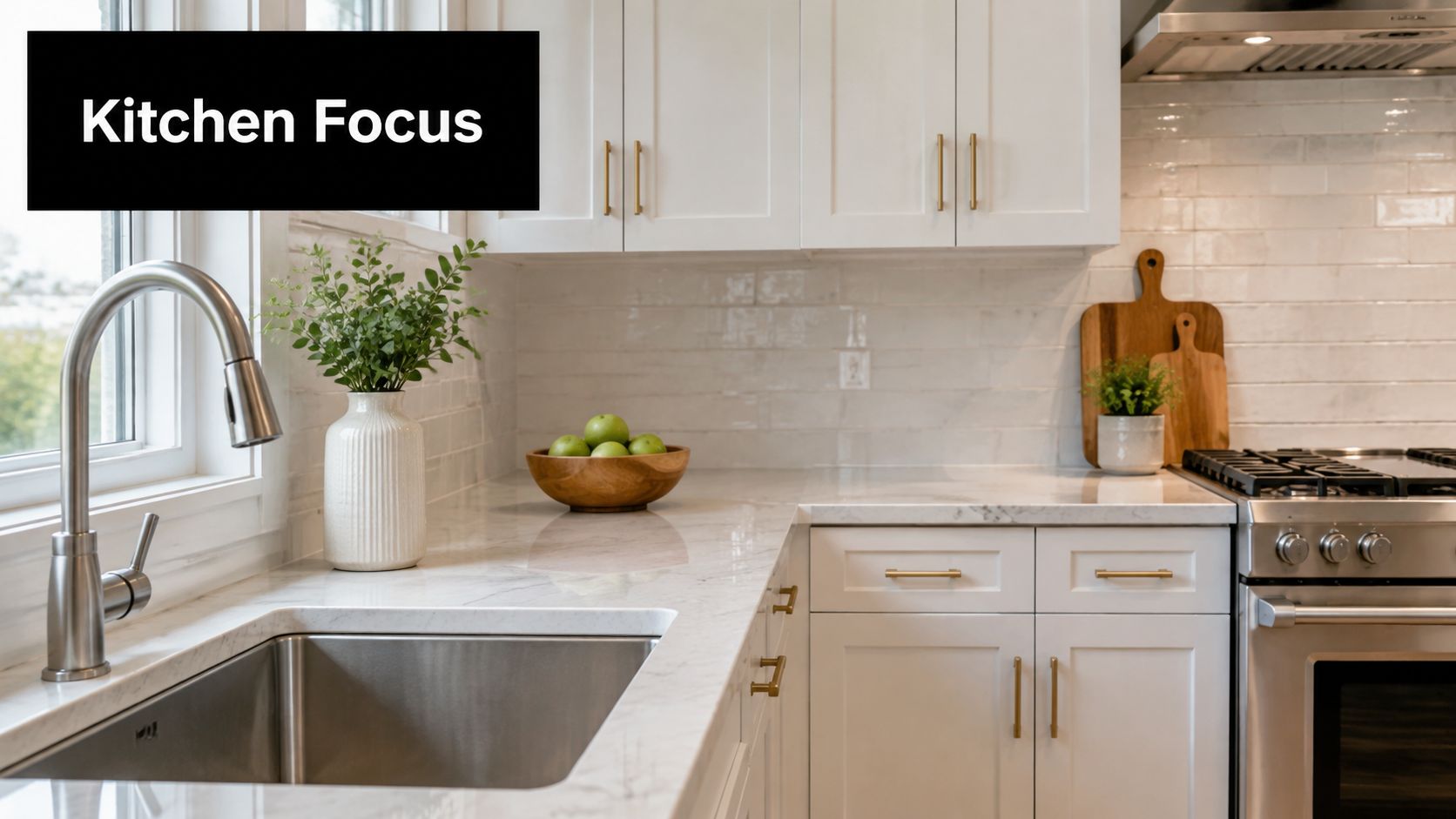 A modern, bright kitchen featuring white cabinets, stainless steel appliances, and a marble countertop during home staging.