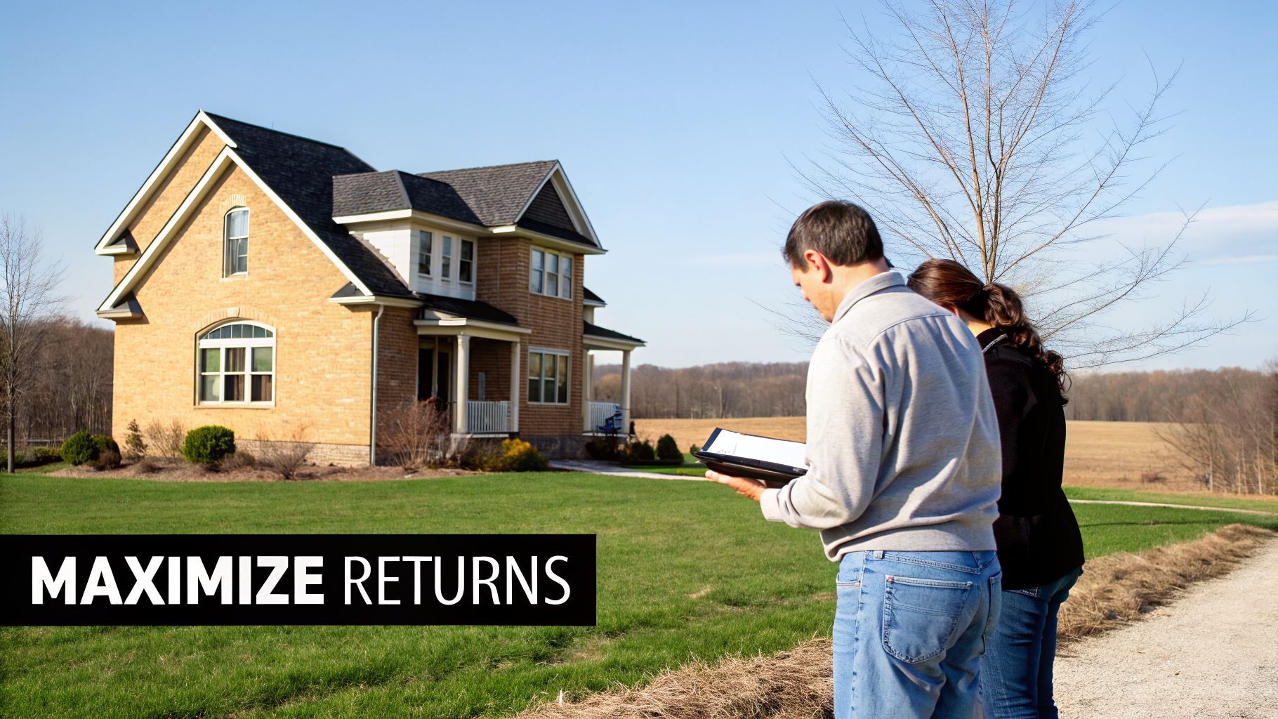 Two people evaluate a large brick house with a green lawn, aiming to maximize returns.