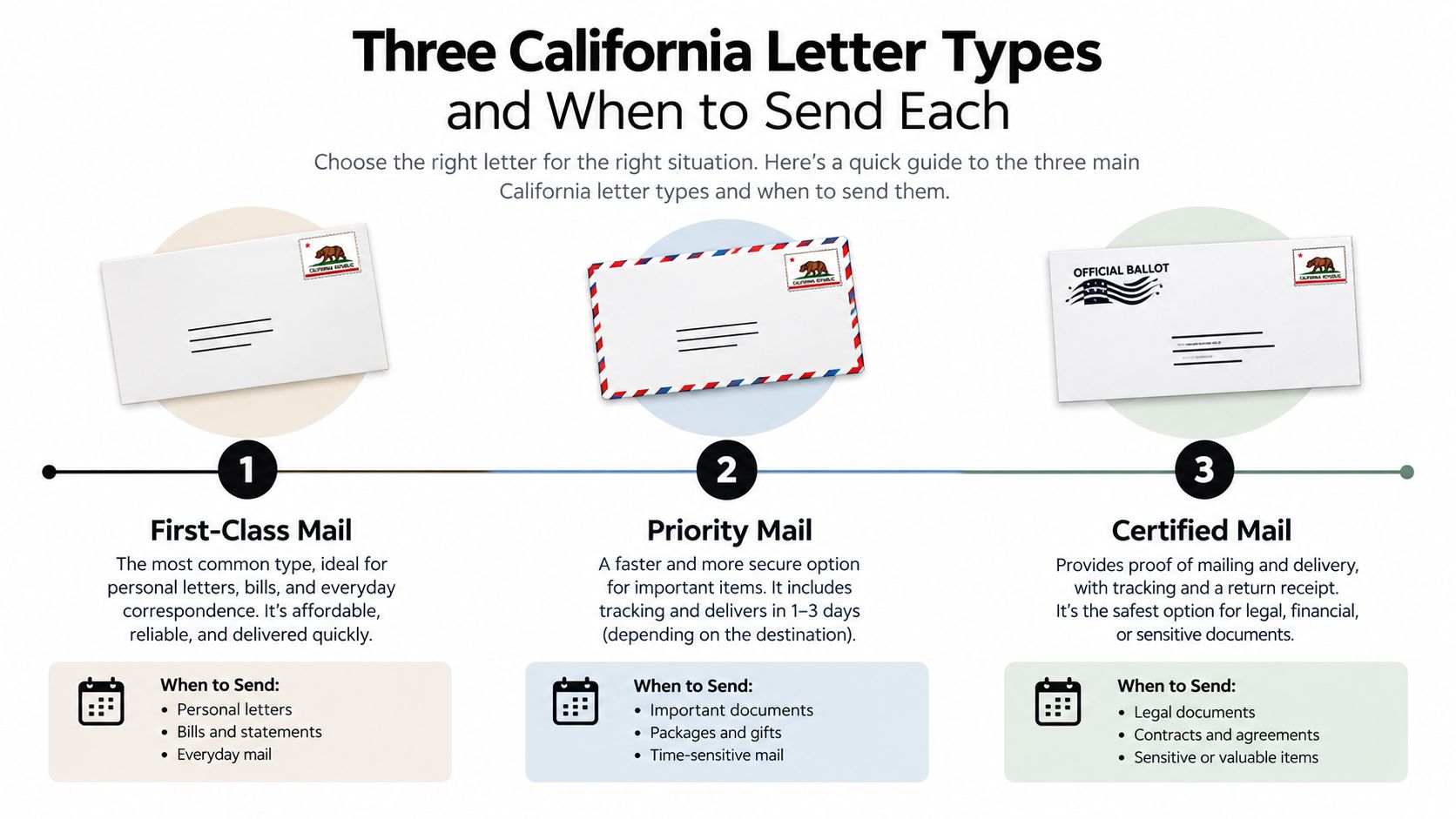 An infographic showing the three types of California mail, including First-Class, Priority, and Certified mail options.