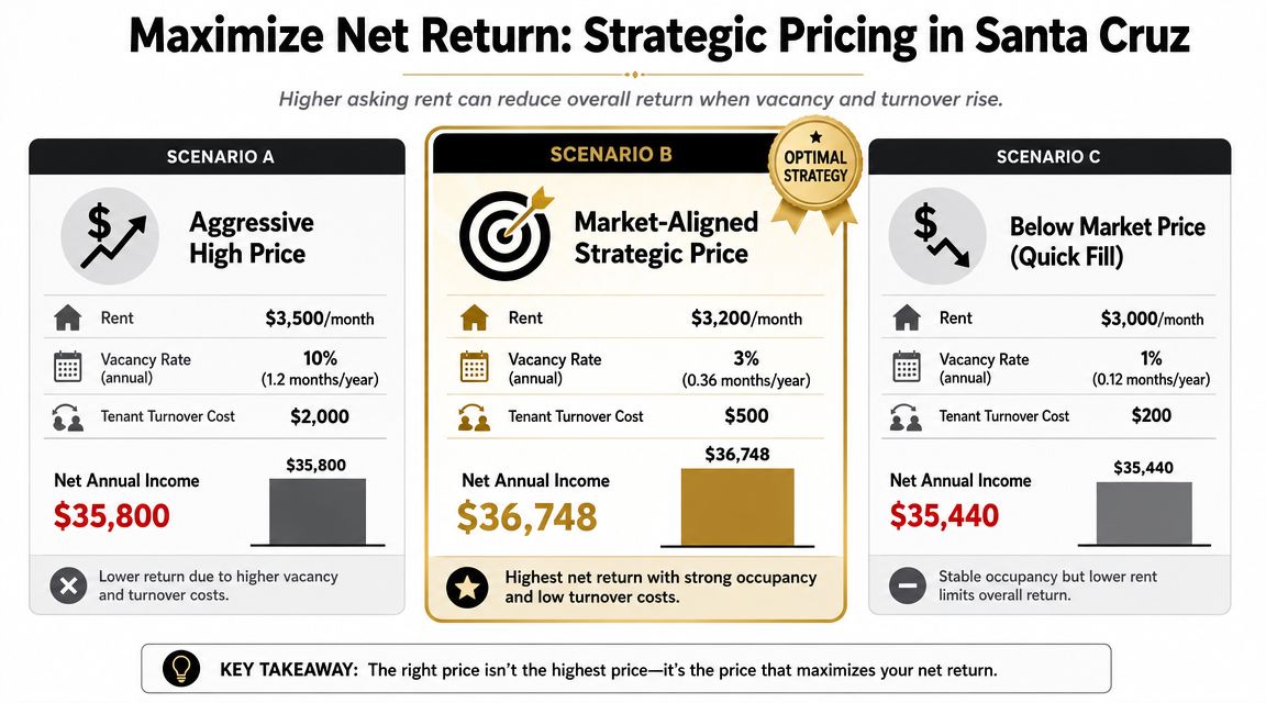 A comparison chart showing three pricing strategies for rental properties in Santa Cruz to maximize net income.