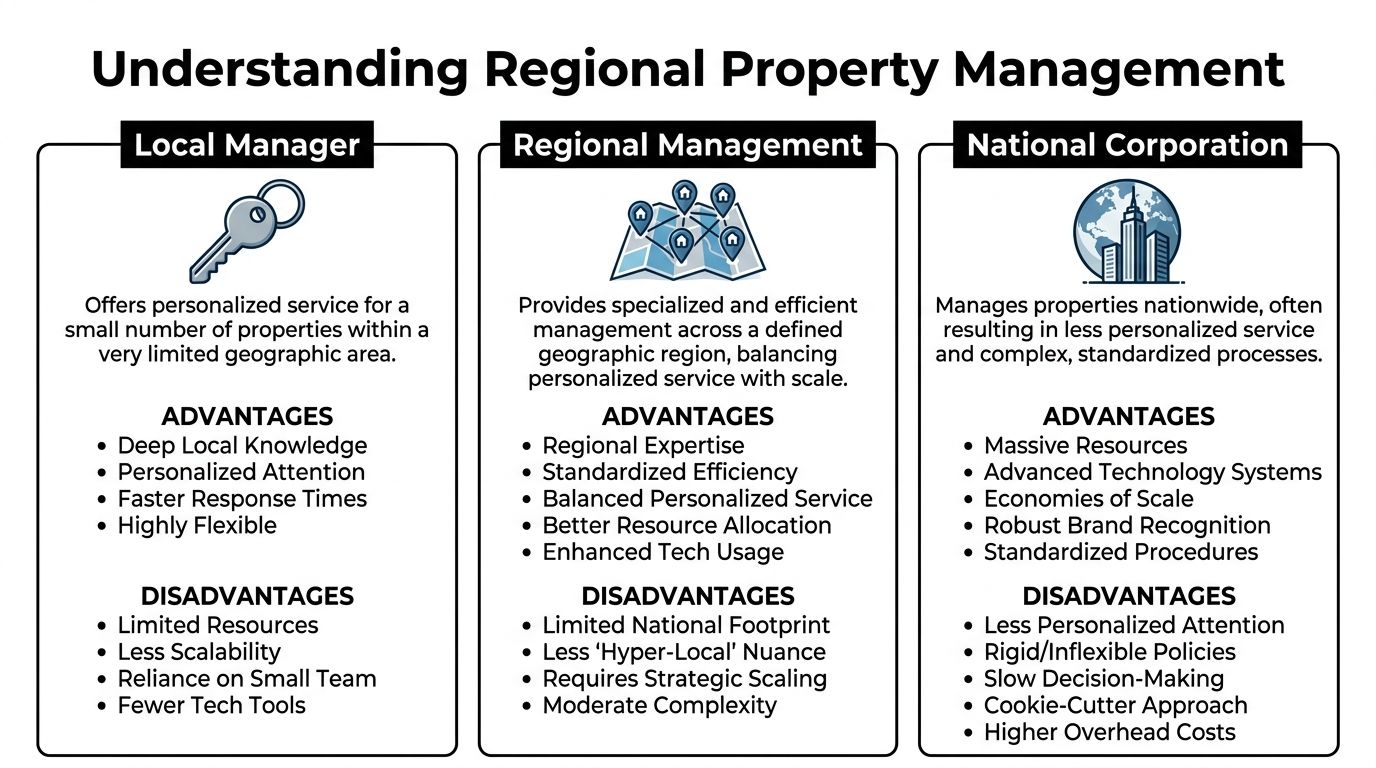 A comparison chart outlining the advantages and disadvantages of Local Manager, Regional Management, and National Corporation models.