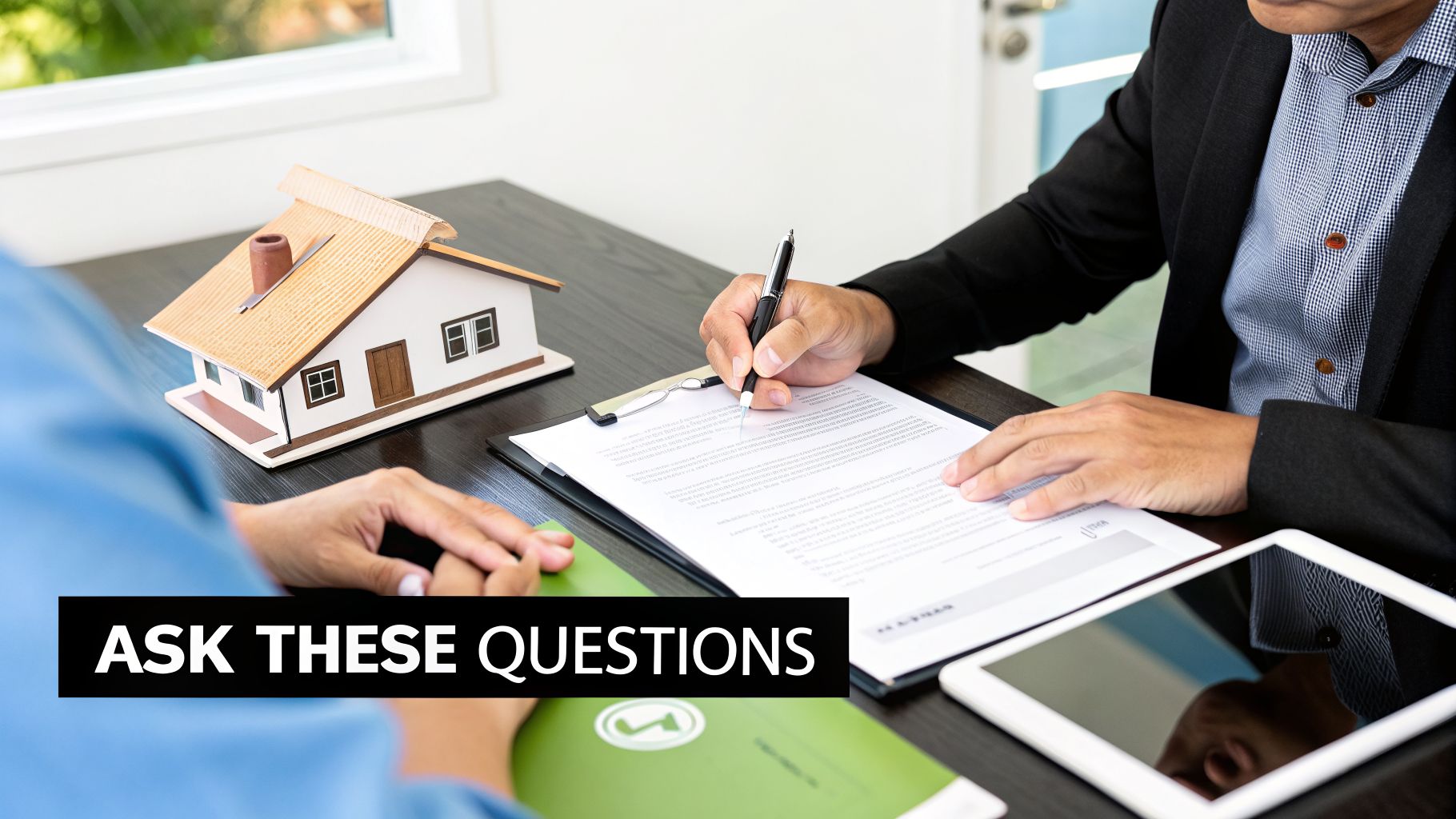 Two people discussing property matters, one person is signing documents next to a model house and tablet.