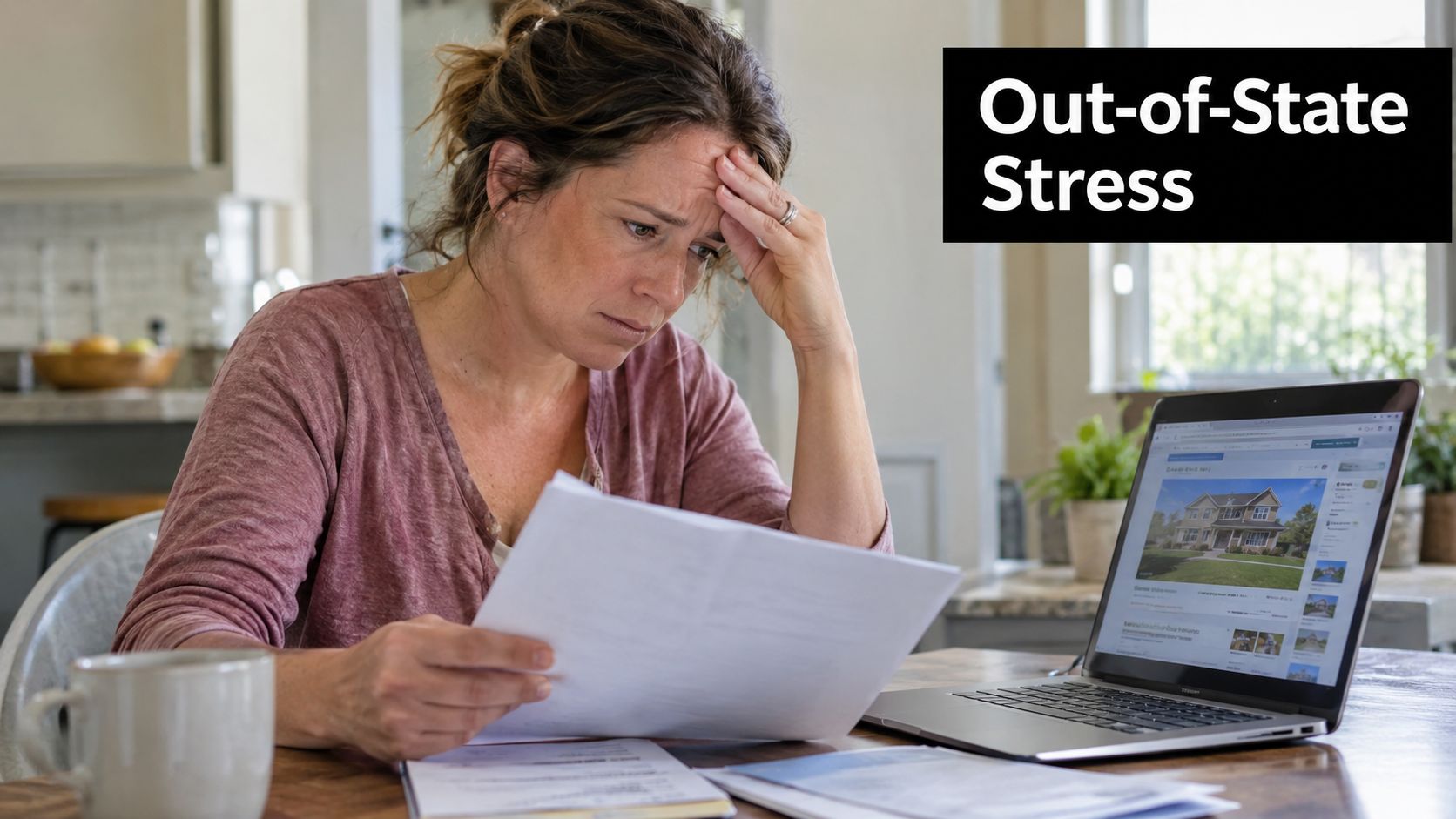 A woman looks stressed while reviewing paperwork and browsing real estate listings on her laptop at home.