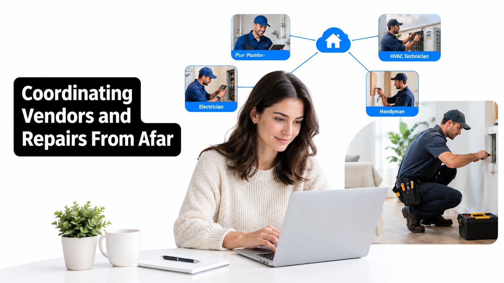 A woman using her laptop to remotely coordinate various home repair vendors including plumbers and electricians.