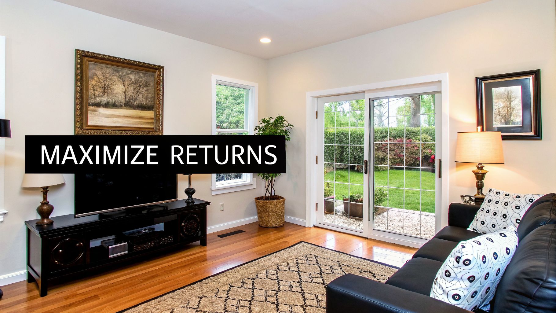 A well-furnished living room featuring a TV, black sofa, lamps, and a view of a green backyard through sliding doors.