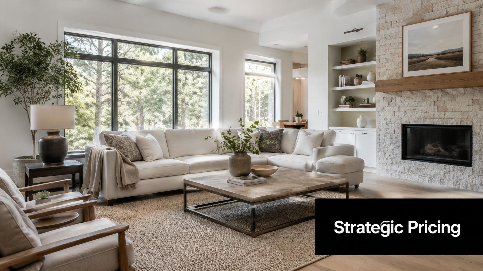 A modern, well-lit living room featuring a comfortable white sectional sofa, wooden coffee table, and stone fireplace.