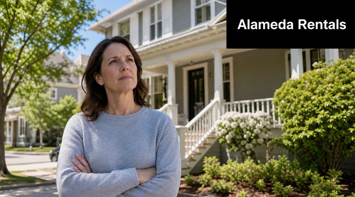 A woman standing with her arms crossed in front of a house for Alameda Rentals services.