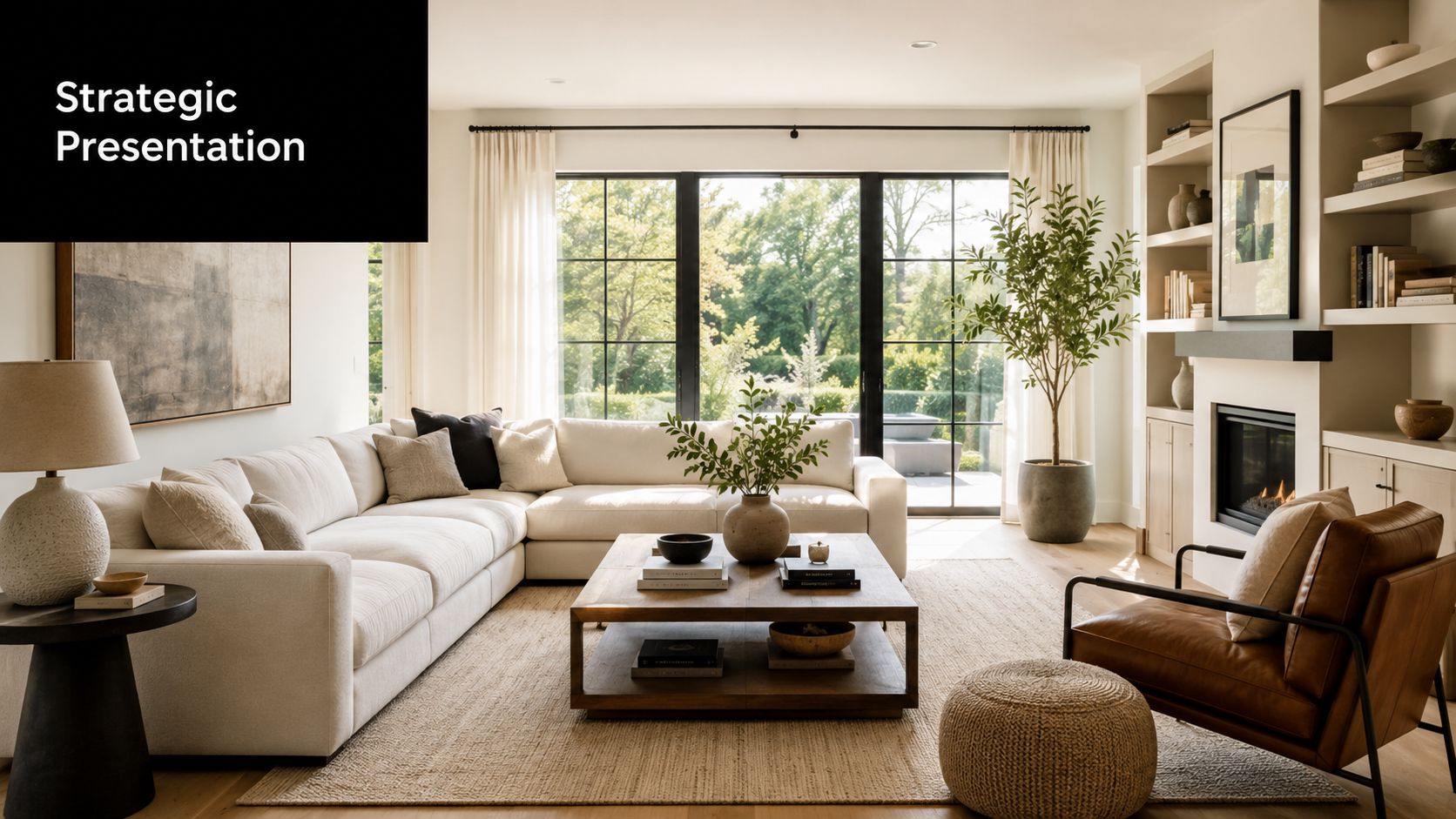 A modern, bright, and elegantly styled living room featuring a large cream sofa and leather accent chair.