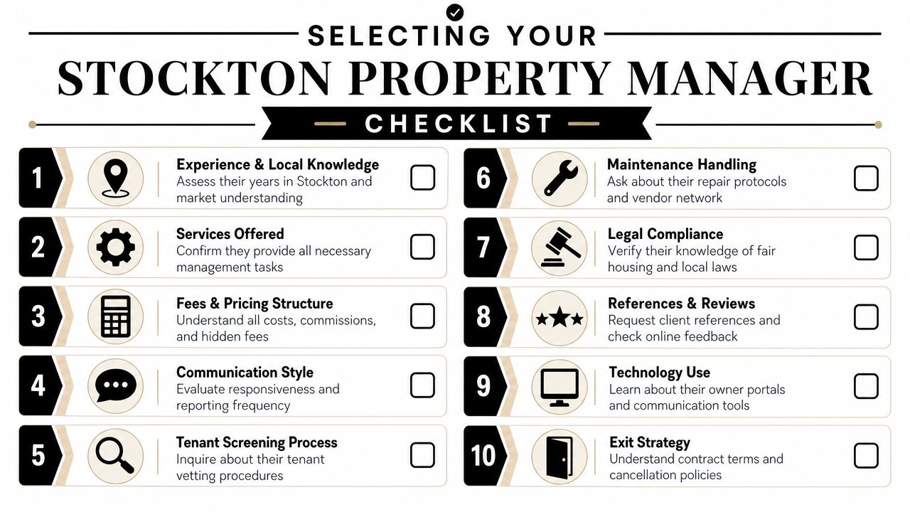 A checklist for selecting a Stockton property manager listing ten key criteria for choosing a rental company.