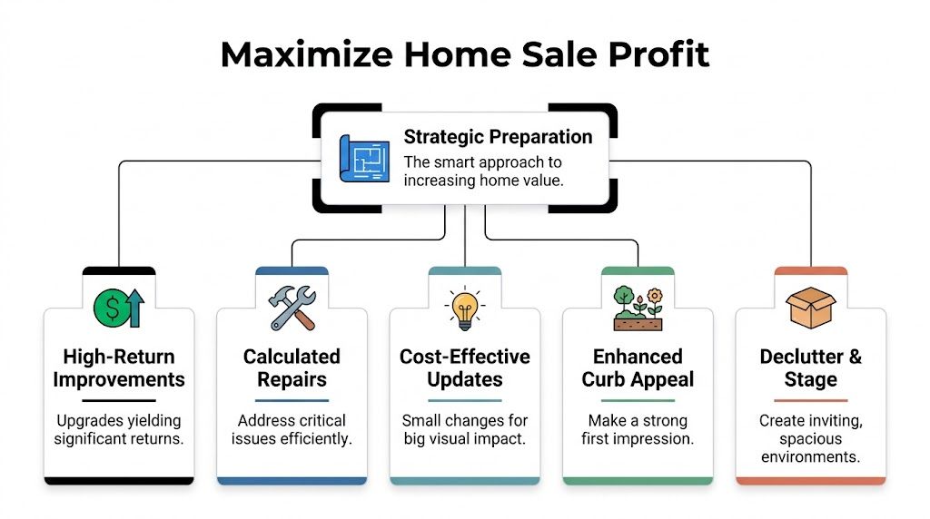 A flowchart diagram illustrating strategic preparation steps to maximize profit when selling your home.