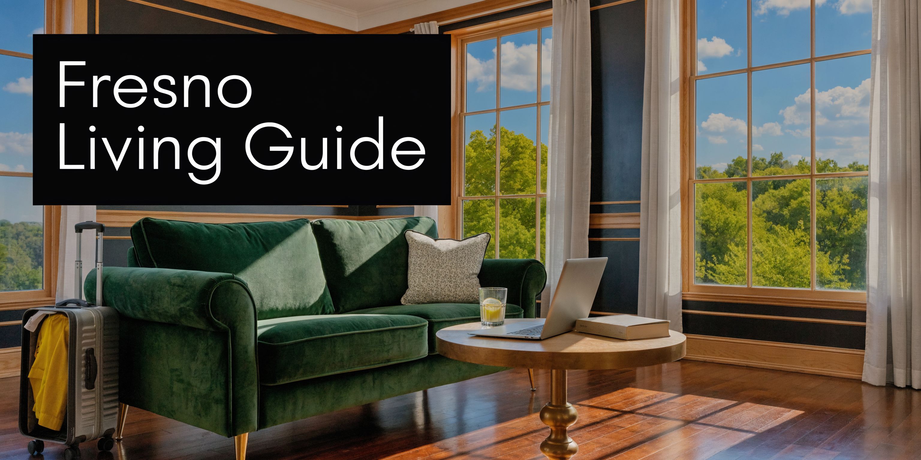 A cozy living room with a green sofa, laptop on a coffee table, and a travel suitcase.