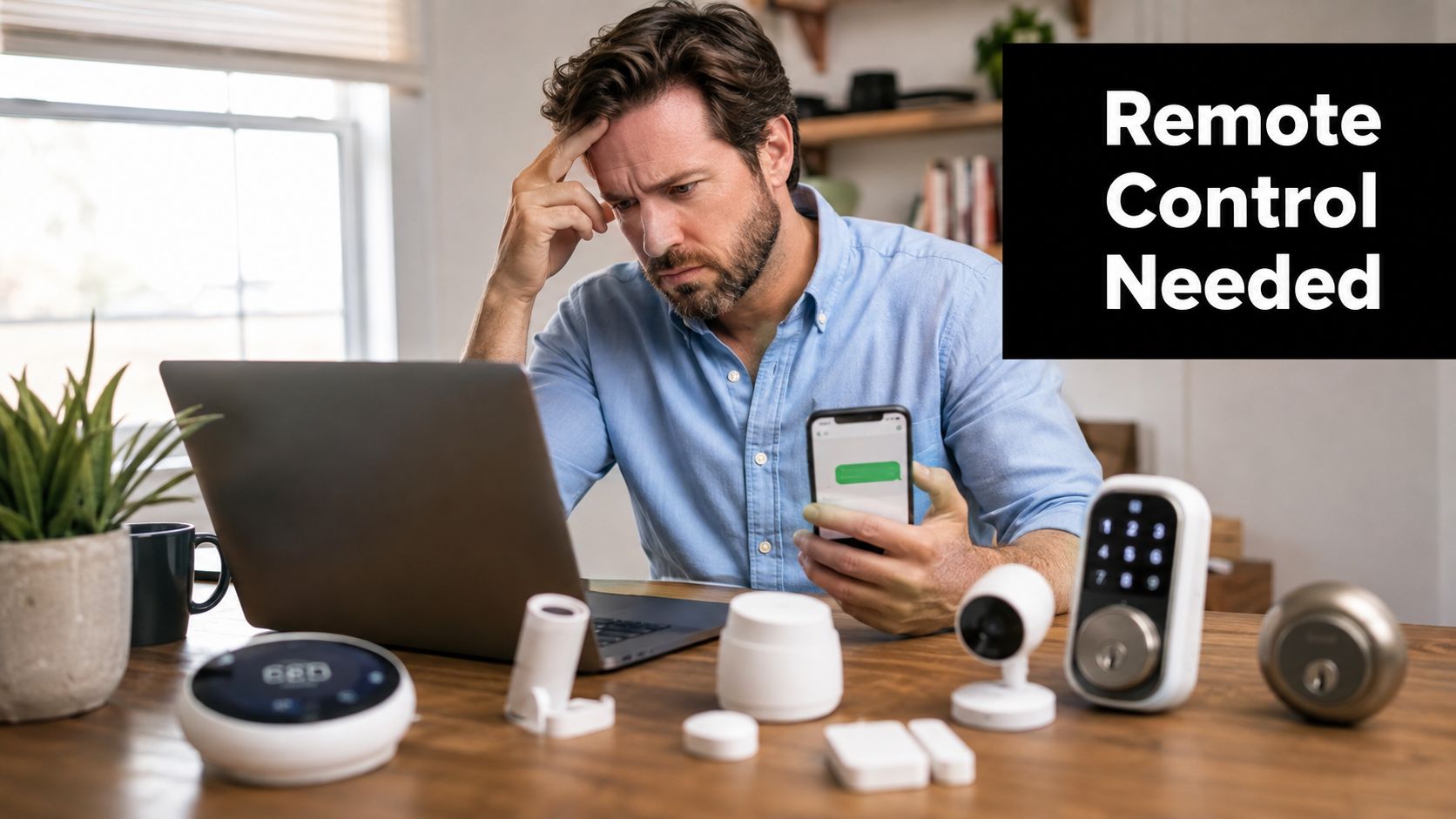 A frustrated man sits at a desk with a laptop and various smart home devices.