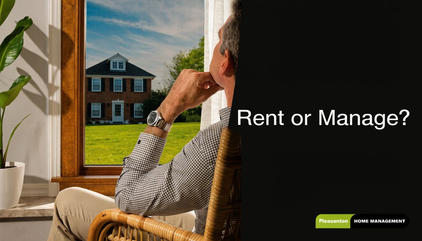 A man sits in a wicker chair looking out a window at a residential suburban house.