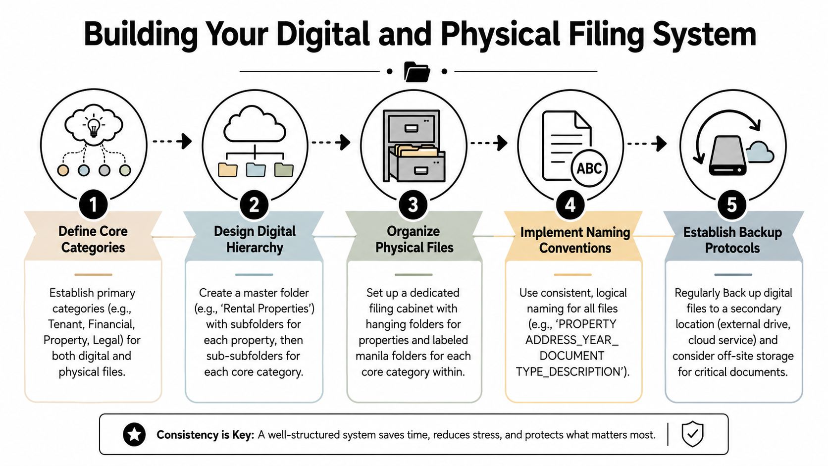 An infographic showing a five-step process for building an organized digital and physical document filing system.