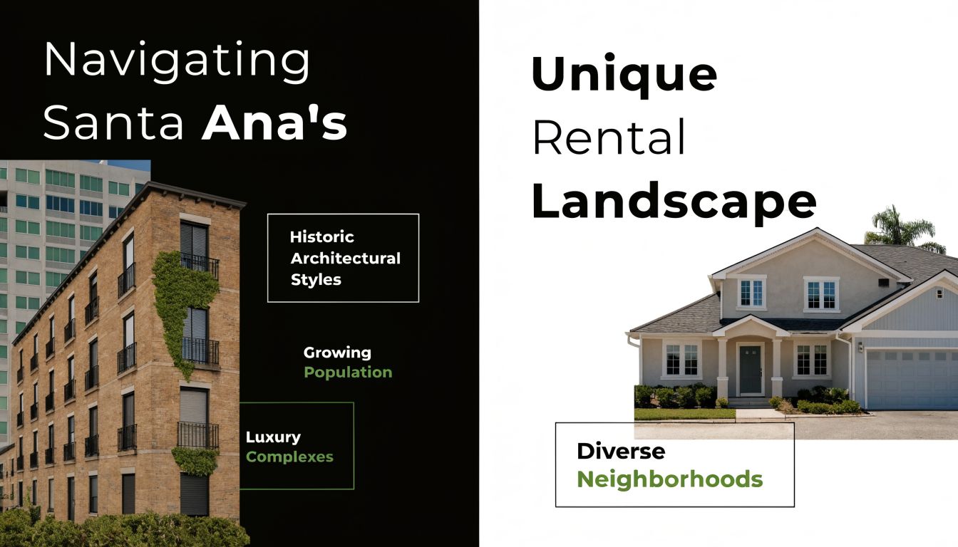A split design graphic comparing historic apartment buildings and modern suburban single-family homes in Santa Ana.