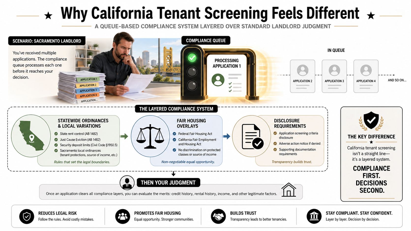 An infographic illustrating the multi-layered compliance process for tenant screening in California, highlighting legal requirements and fairness.