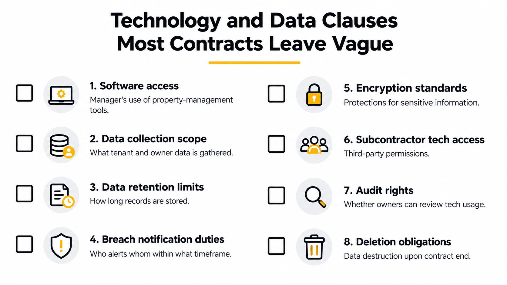 An infographic listing eight essential technology and data clauses often left vague in property management contracts.