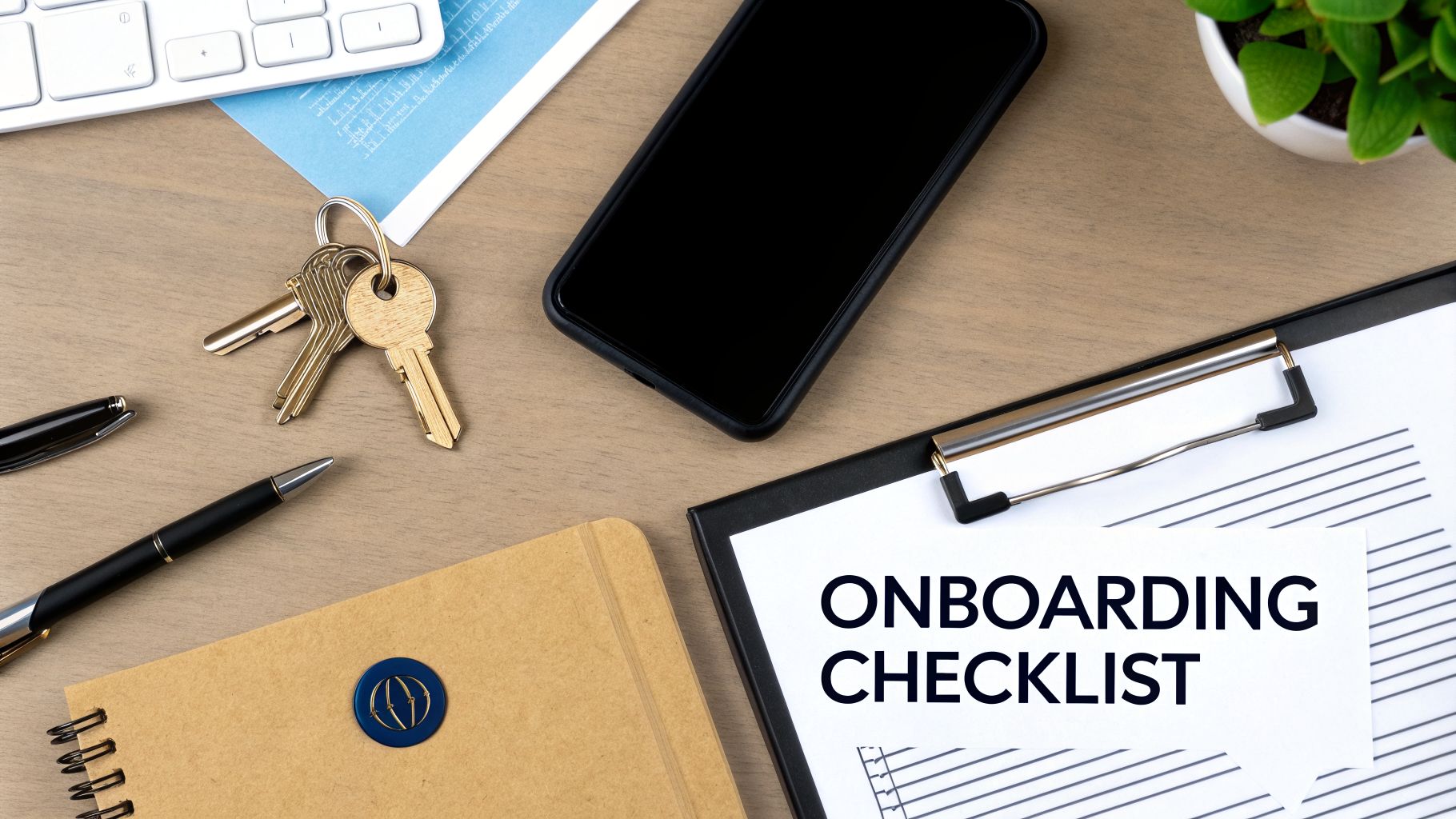A flat lay of office essentials including an 'ONBOARDING CHECKLIST', smartphone, keys, pens, and notebook on a wooden desk.