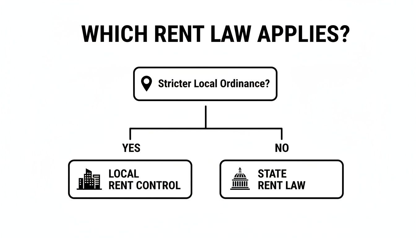 Flowchart showing which rent law applies, either local rent control or state rent law.