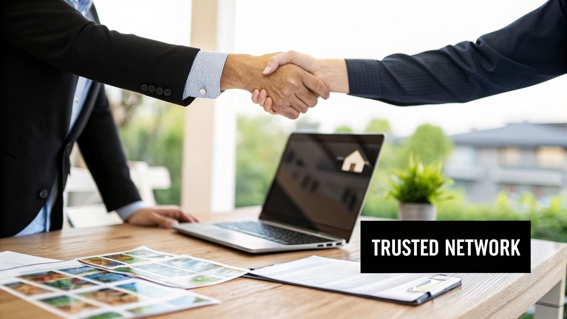 Two business people shaking hands over a table with a laptop, documents, and a 'Trusted Network' label.
