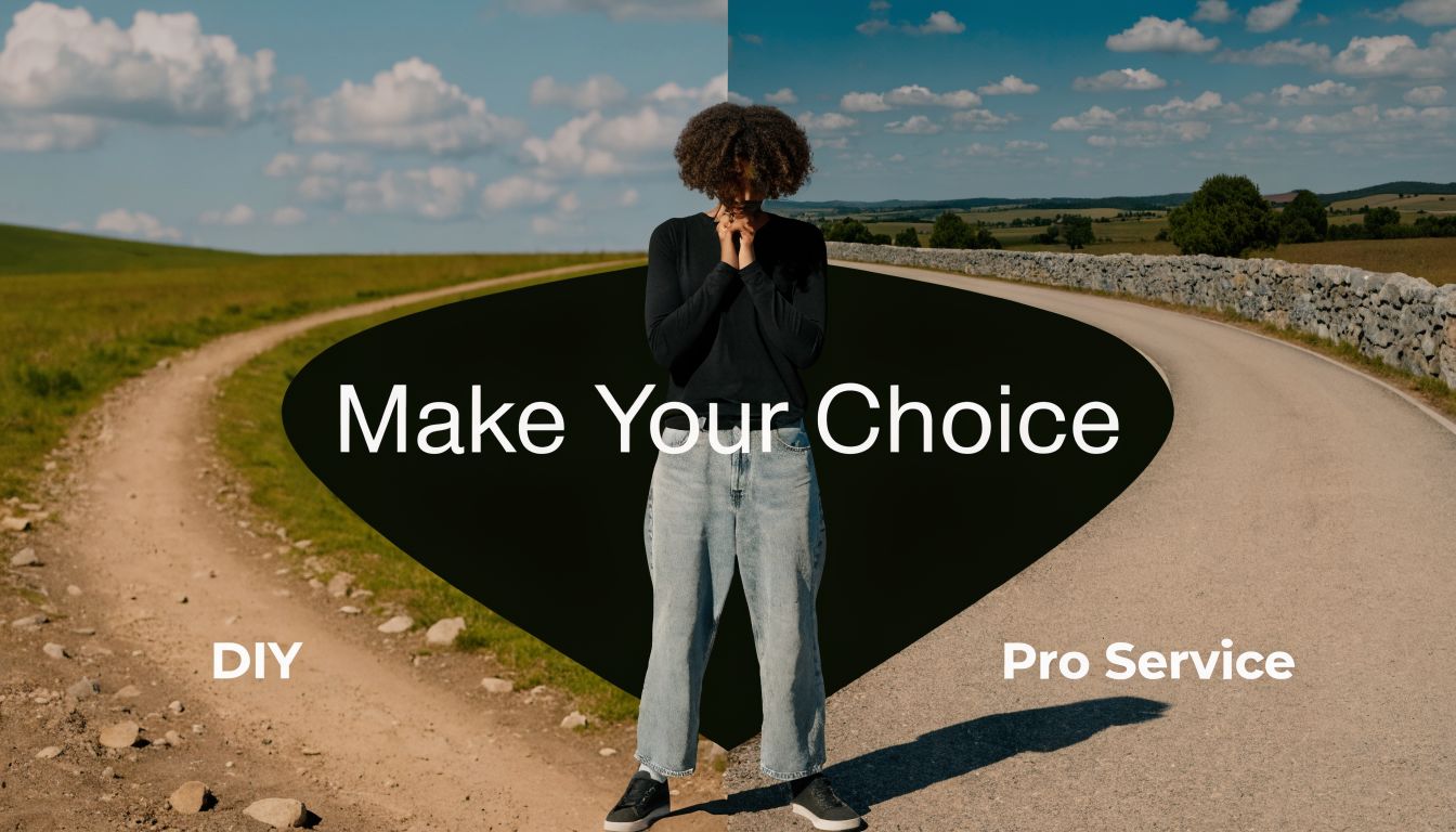 A person standing at a fork in the road choosing between DIY and professional services.