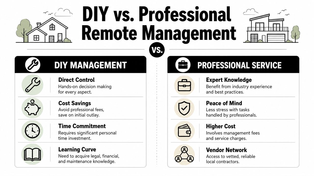 A comparison infographic between DIY property management and professional remote property management services.