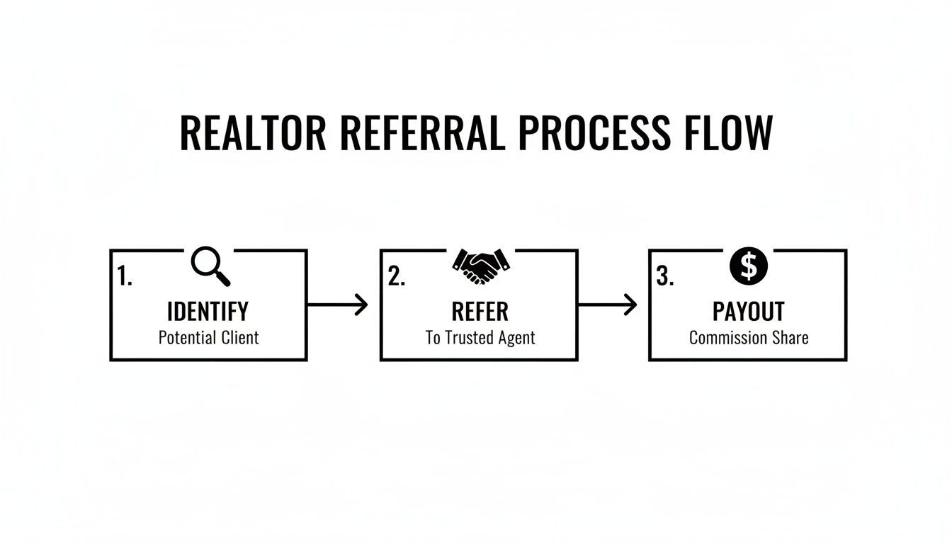 Flowchart detailing the realtor referral process: identify client, refer to agent, and receive payout.
