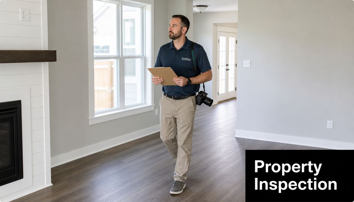A professional property inspector walking through a vacant modern house while holding a clipboard for assessment.