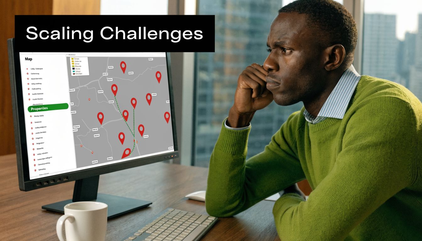 A man in a green sweater thoughtfully views a digital map of properties on a computer screen.
