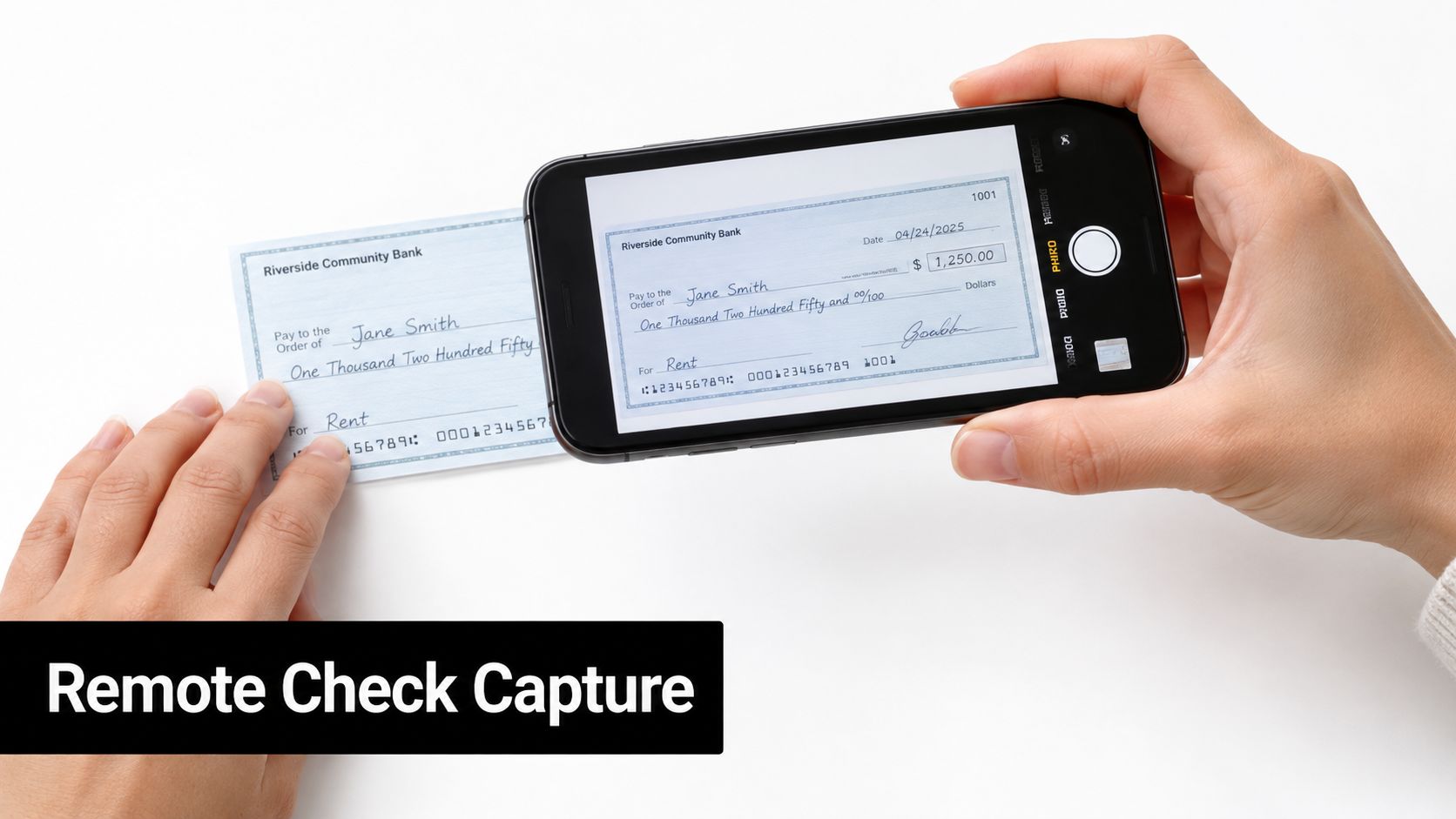 A person using a smartphone to capture an image of a check for remote mobile deposit.