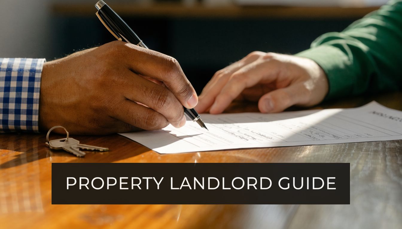 A landlord and tenant signing a rental agreement at a wooden table with keys resting nearby.