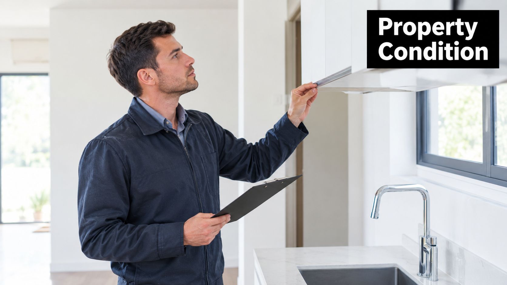 A professional property inspector in a jacket checking kitchen cabinets while holding a clipboard during an inspection.