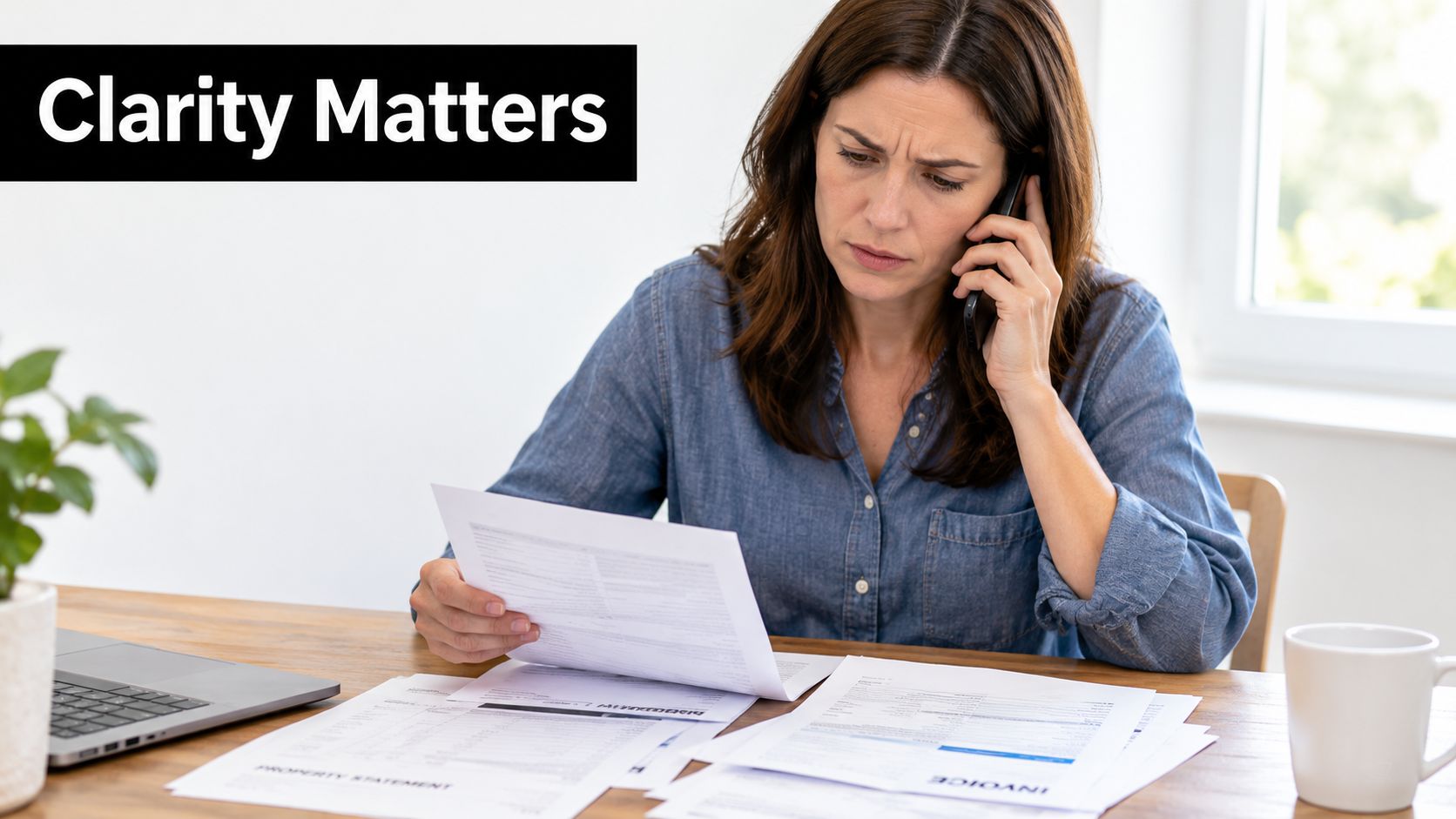 A concerned woman sitting at a table with documents while talking on her phone about property management.