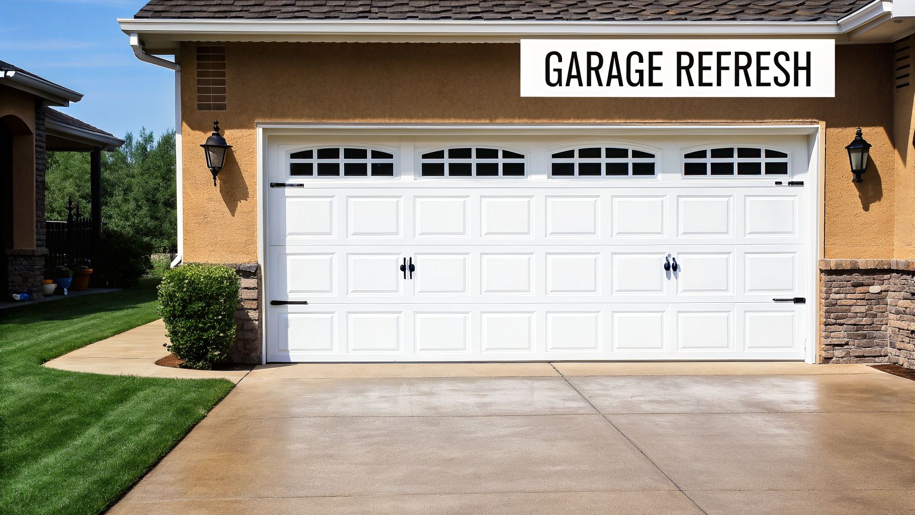A residential house with a large white garage door, orange stucco, stone accents, and a sign saying 'GARAGE REFRESH'.