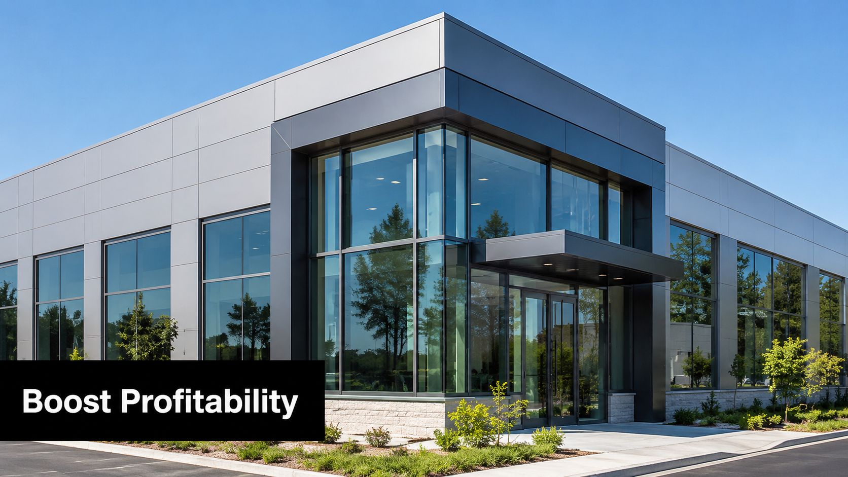 A modern, sleek commercial building with large glass windows and minimalist architectural design for business use.