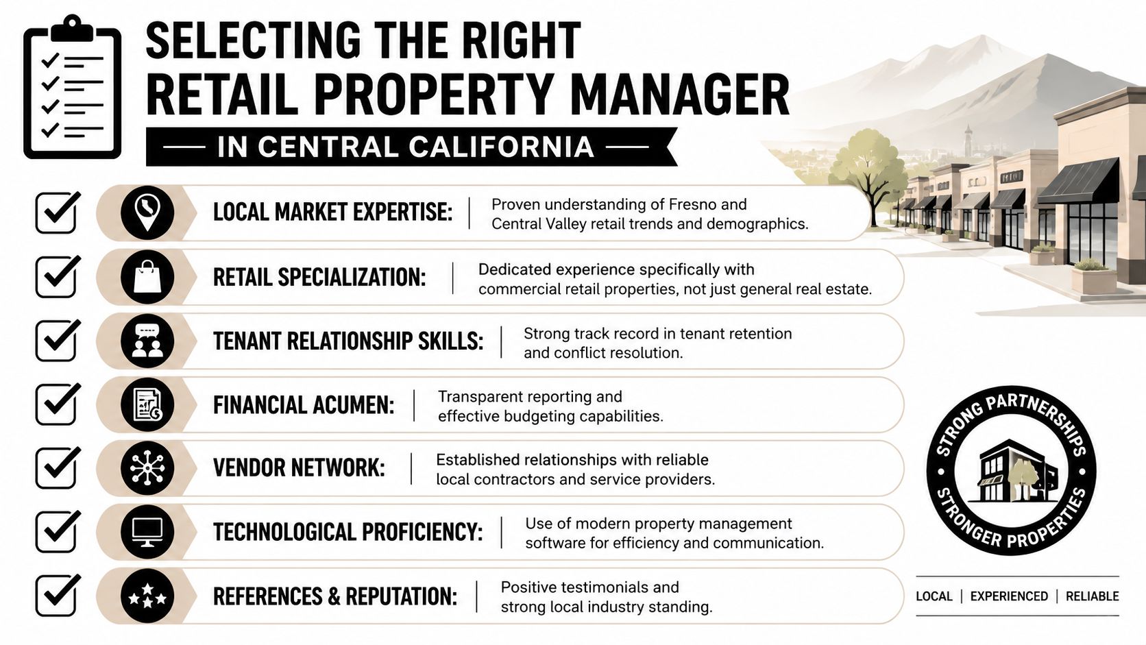 An infographic detailing seven key criteria for selecting a retail property manager in Central California.
