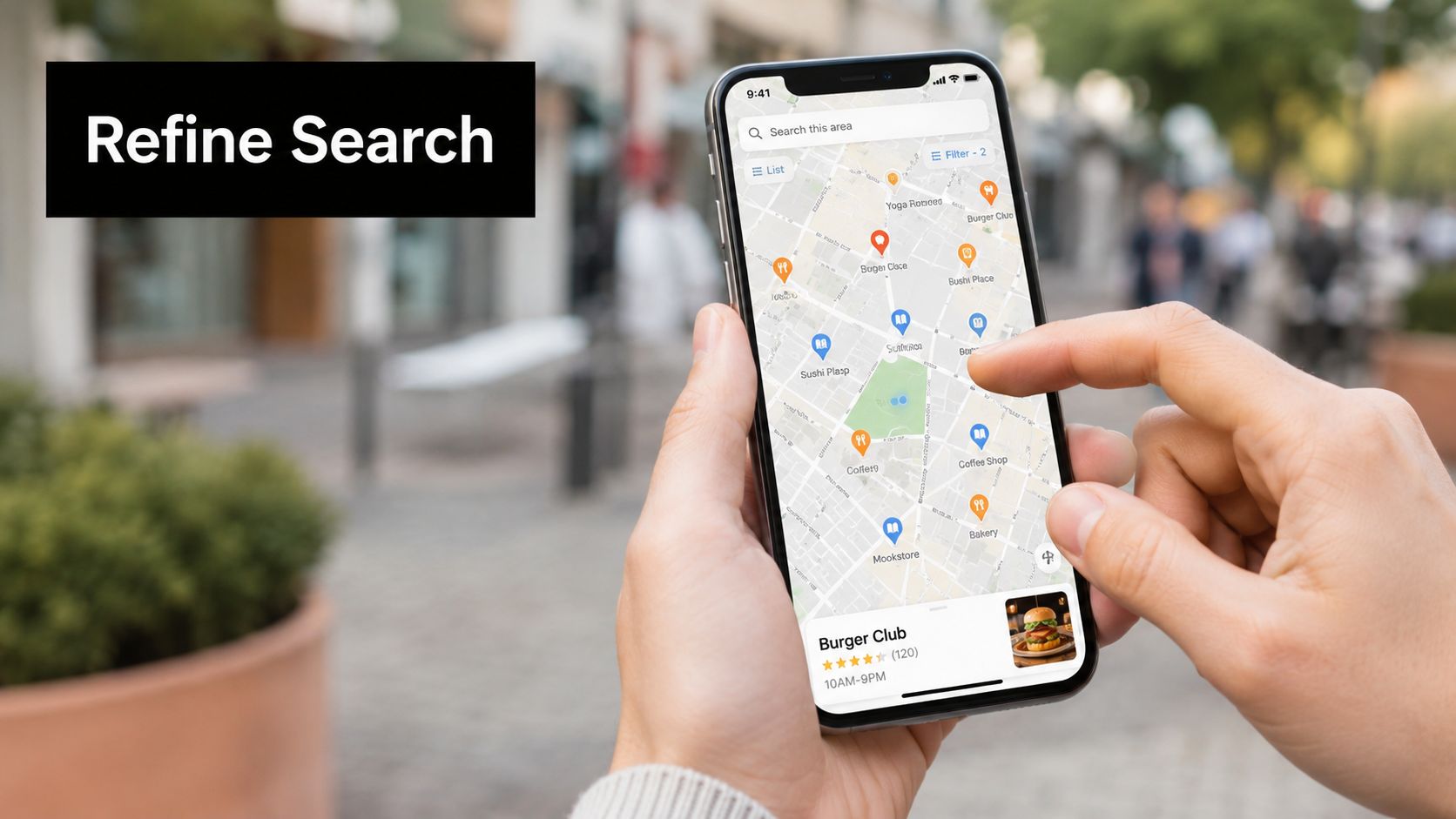 A person using a smartphone app to search for restaurants and cafes on a map interface.