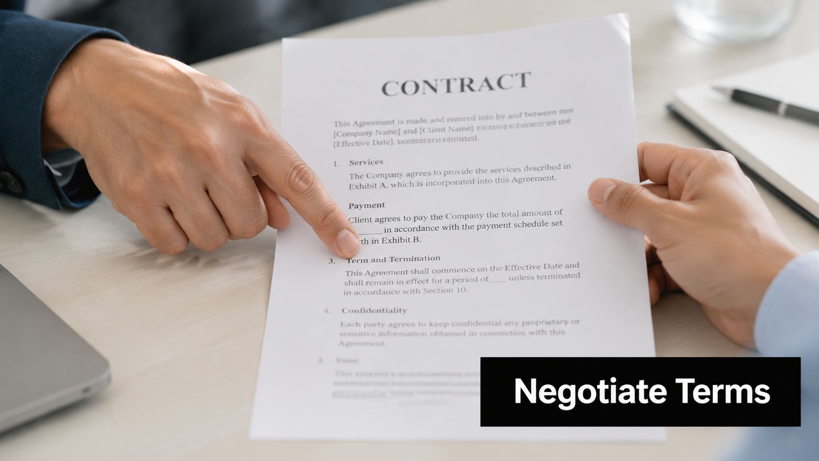 Two business people pointing at a contract document while sitting at a desk to discuss terms.