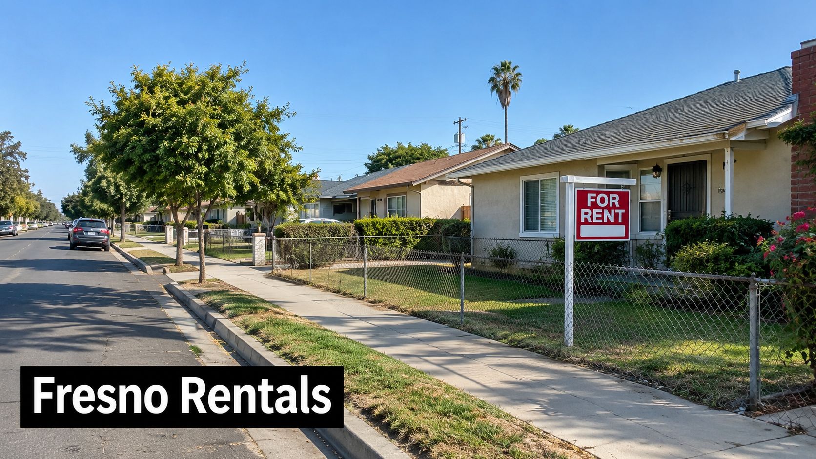 A quiet residential street in Fresno, California featuring a single-family house with a For Rent sign.