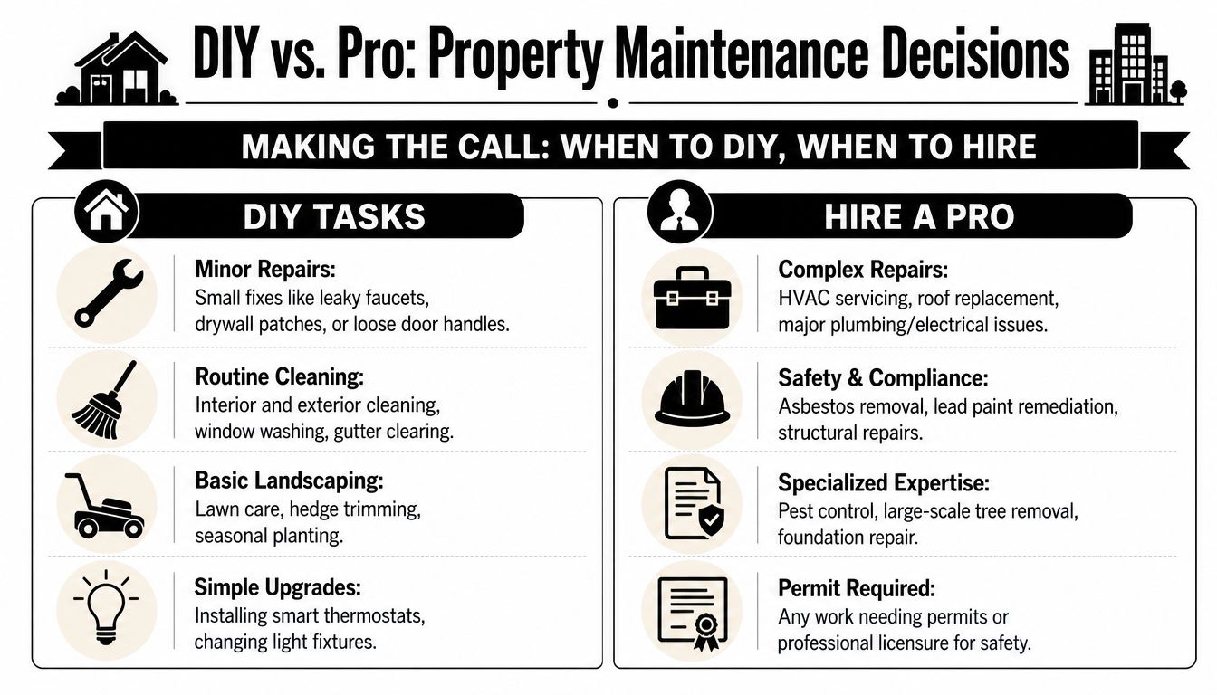 An infographic titled DIY vs Pro illustrating property maintenance tasks suitable for homeowners versus professional services.